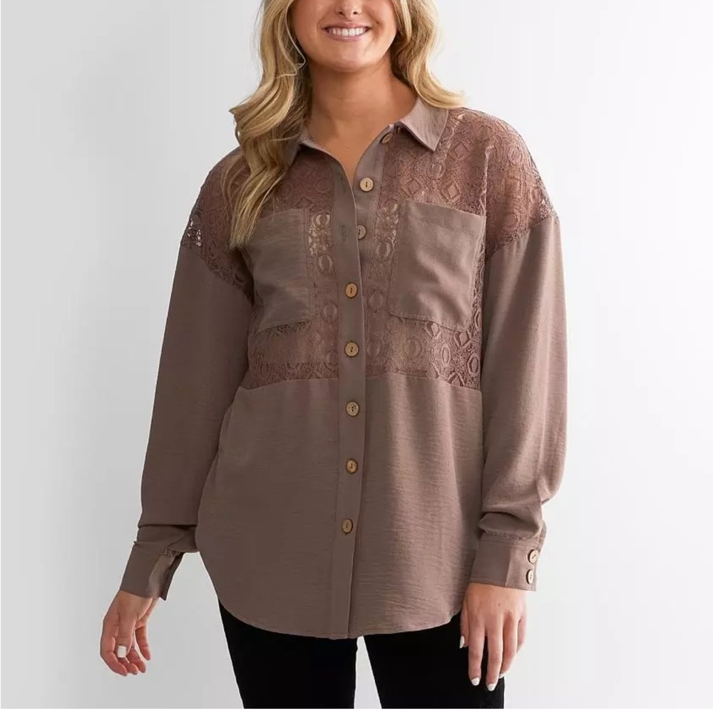 Daytrip Size Medium Elegant Lace Panel Brown Boho Button Up Blouse
